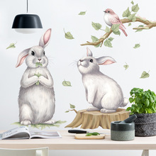 跨境新款亚马逊动物贴纸兔子小鸟墙贴儿童房卧室自粘墙纸可爱墙贴