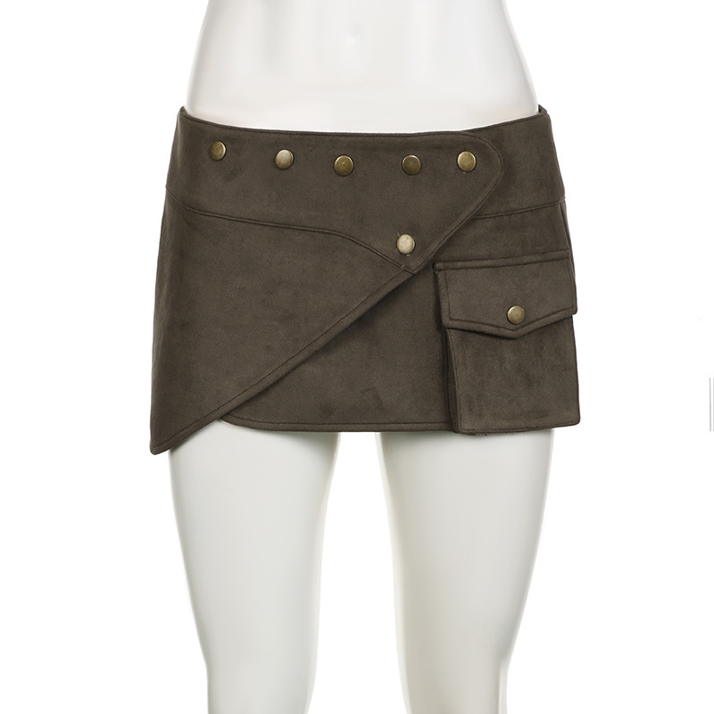 Wilderness Western Style Suede Rivet One Piece Miniskirt Ethnic Niche Pocket Splicing Low Waist Hip Skirt_ecoleips.com