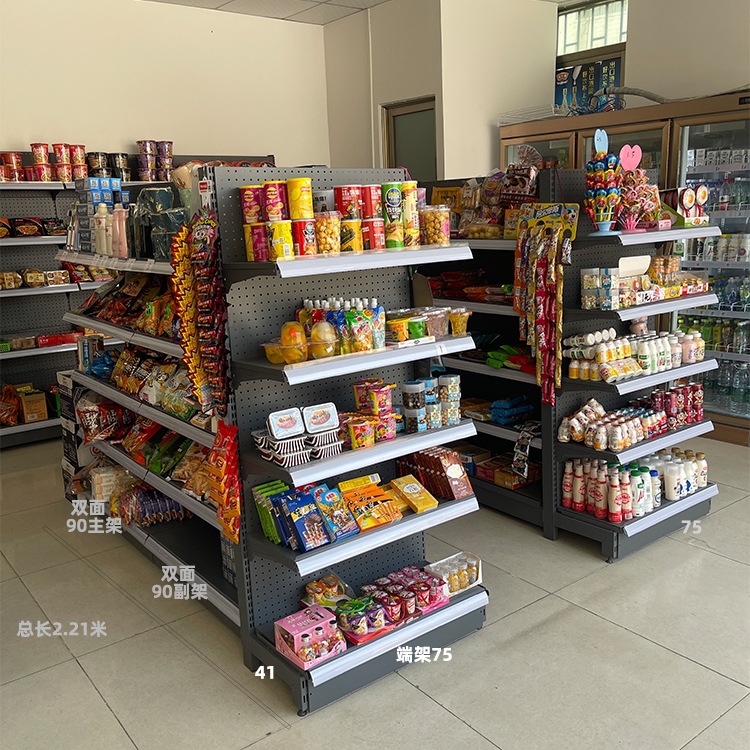 Estantes de exhibición de supermercados estantes de almacenamiento multicapa de tiendas de conveniencia estantes de doble cara estante de cabeza de bocadillos estantes de pared unilaterales gruesos
