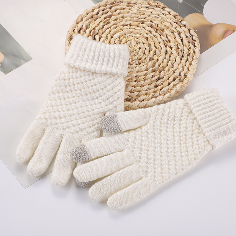 秋と冬のパイナップルスタイル模造カシミヤニット暖かいジャカードプラスベルベット厚みのある豪華な防寒タッチスクリーン手袋|undefined