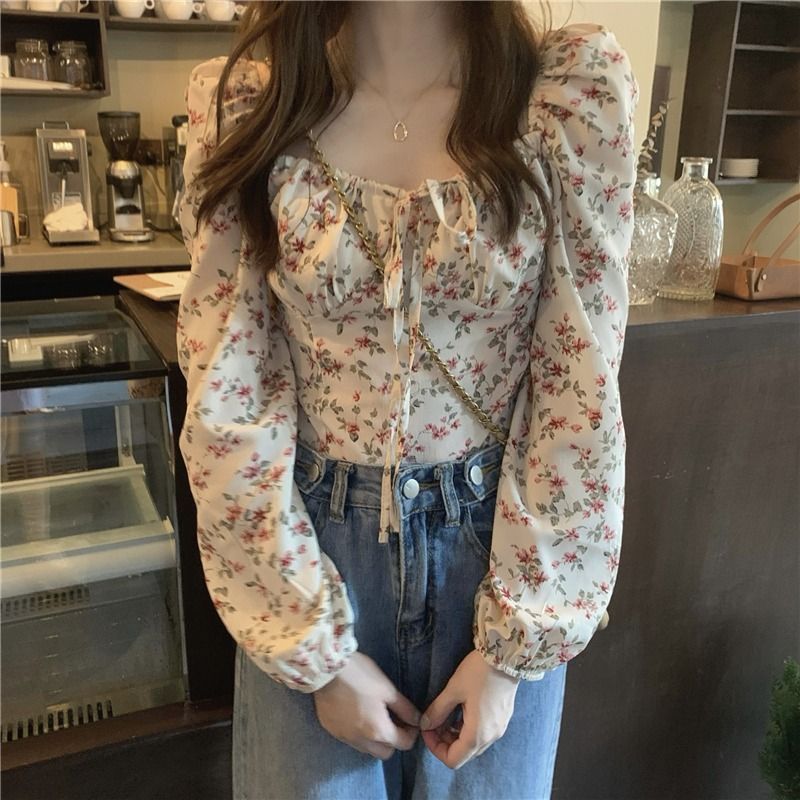 Spring and Autumn New Bubble Long-sleeved Super Fairy Design Niche Short Large Size Chic Top French Floral Shirt for Women