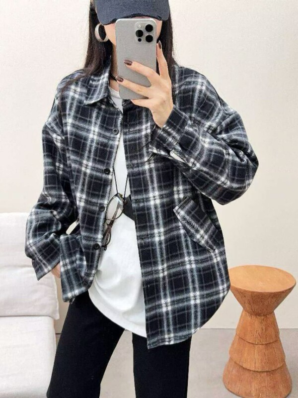 复古美拉德磨毛大码格子衬衫外搭女休闲宽松显瘦慵懒风衬衣上衣潮|undefined