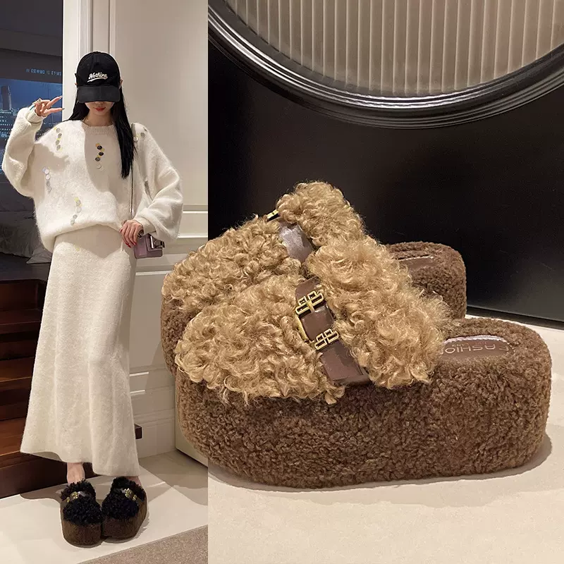 厚底高级感毛毛拖鞋女外穿2025新款秋冬小个子时尚百搭保暖棉拖鞋