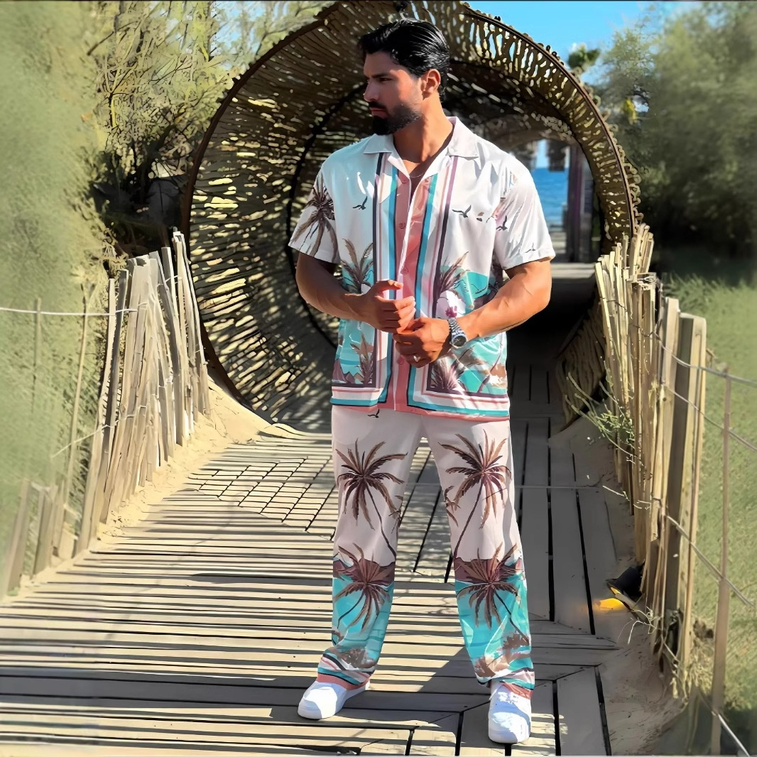Traje de pantalones de manga corta con cuello cubano cómodo de estilo casual de vacaciones junto al mar hawaiano para hombre MB5-MR10