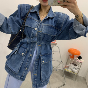 2025 spring new in stock locomotive wind big pocket waist lace lapel Denim coat