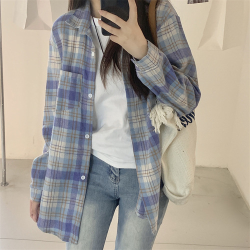 Cross-border French-style sweet girl blue checkered loose long-sleeved shirt women's middle-long length sun protection outerwear fashion