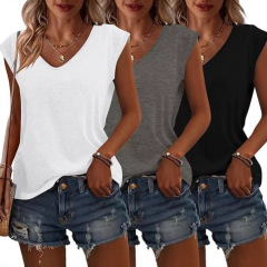 2025欧米の国境を越えたアマゾン速売通の3つの服装女装シンプルな純色vネックカバー袖ゆるいtシャツ女性