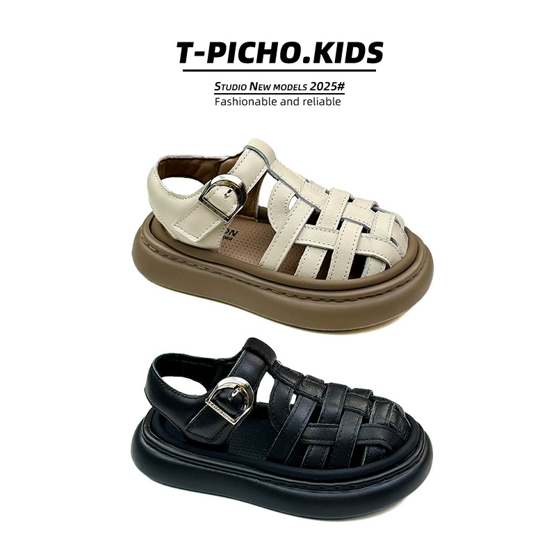 Детские сандалии из натуральной кожи, лето 2025, новые плетеные сандалии в корейском стиле, универсальные пляжные туфли для мальчиков и девочек