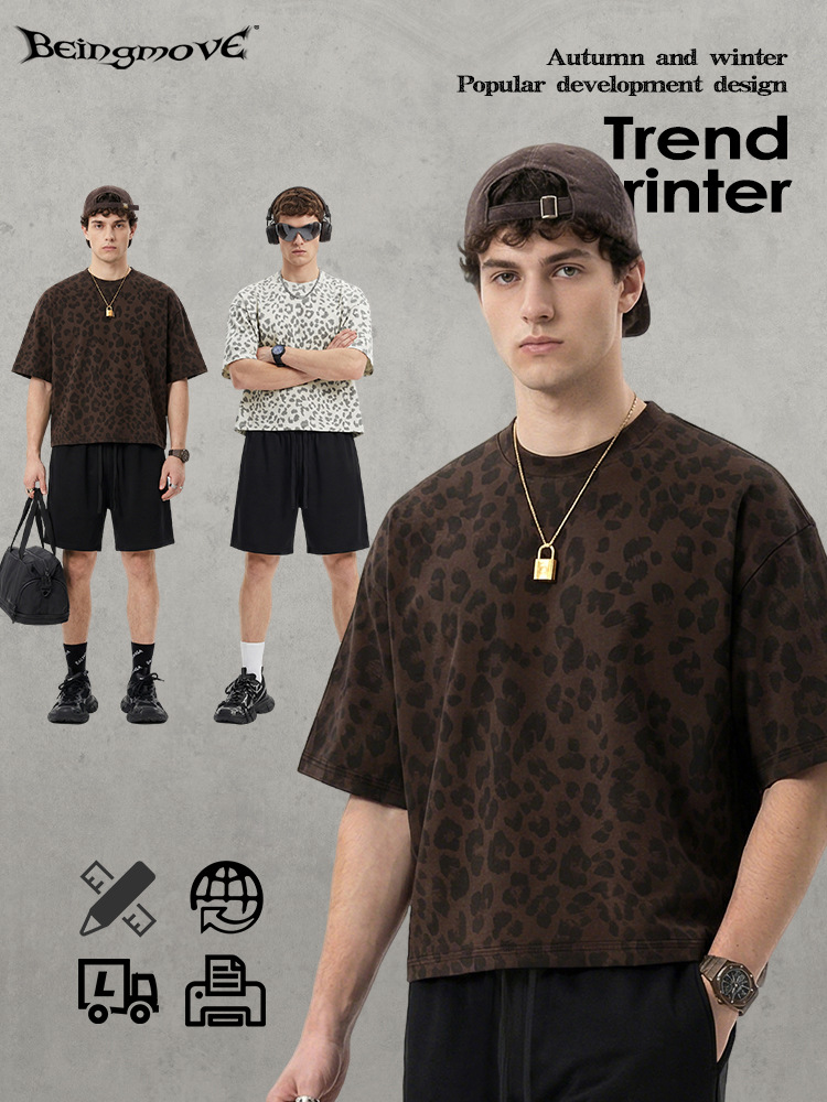 Calle secada| Nueva primavera y verano retro europeo y americano Boxyfit corto ancho leopardo camiseta de manga corta adolescente suelta T hombre