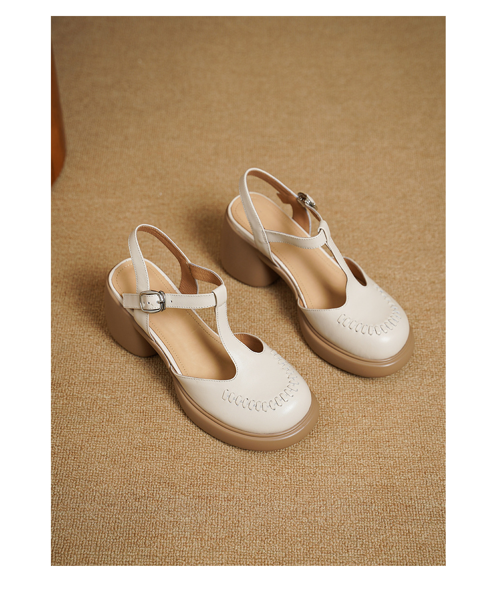 Sandal cao gót nữ quai ngang mũi nhọn da bò thật, gót 8 cm đế dày — đen chi tiết 13