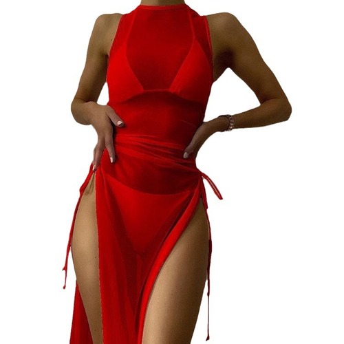 European and American-style solid-color long-sleeve swimwear, sun-protective cover-ups, and bikini beach dresses—three-piece swimsuit set for women