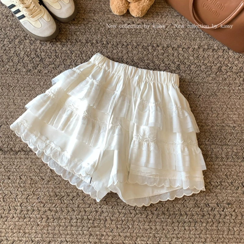 Милые стильные кружевные брюки-кюлоты для женщин, новые летние белые шорты трапециевидной формы с высокой талией для похудения