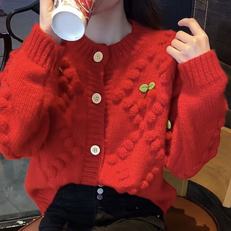开衫毛衣针织衫外套上衣女复古立体樱桃甜美春秋季宽松外穿超好看|undefined