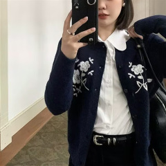 韩版复古花朵刺绣针织开衫小个子圆领温柔气质藏青色时尚新款毛衣