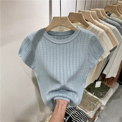アイス半袖tシャツレディース夏新作スリムシック高級感ニット丸首ショートシック上着ins