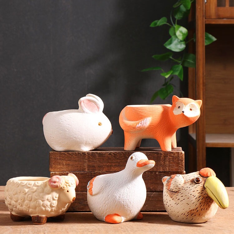 Small Cartoon Creative Animal Succulent Flower Pot Ceramic Household Breathable Clay Stoneware Root Control Pot Little Rabbit Little Duck