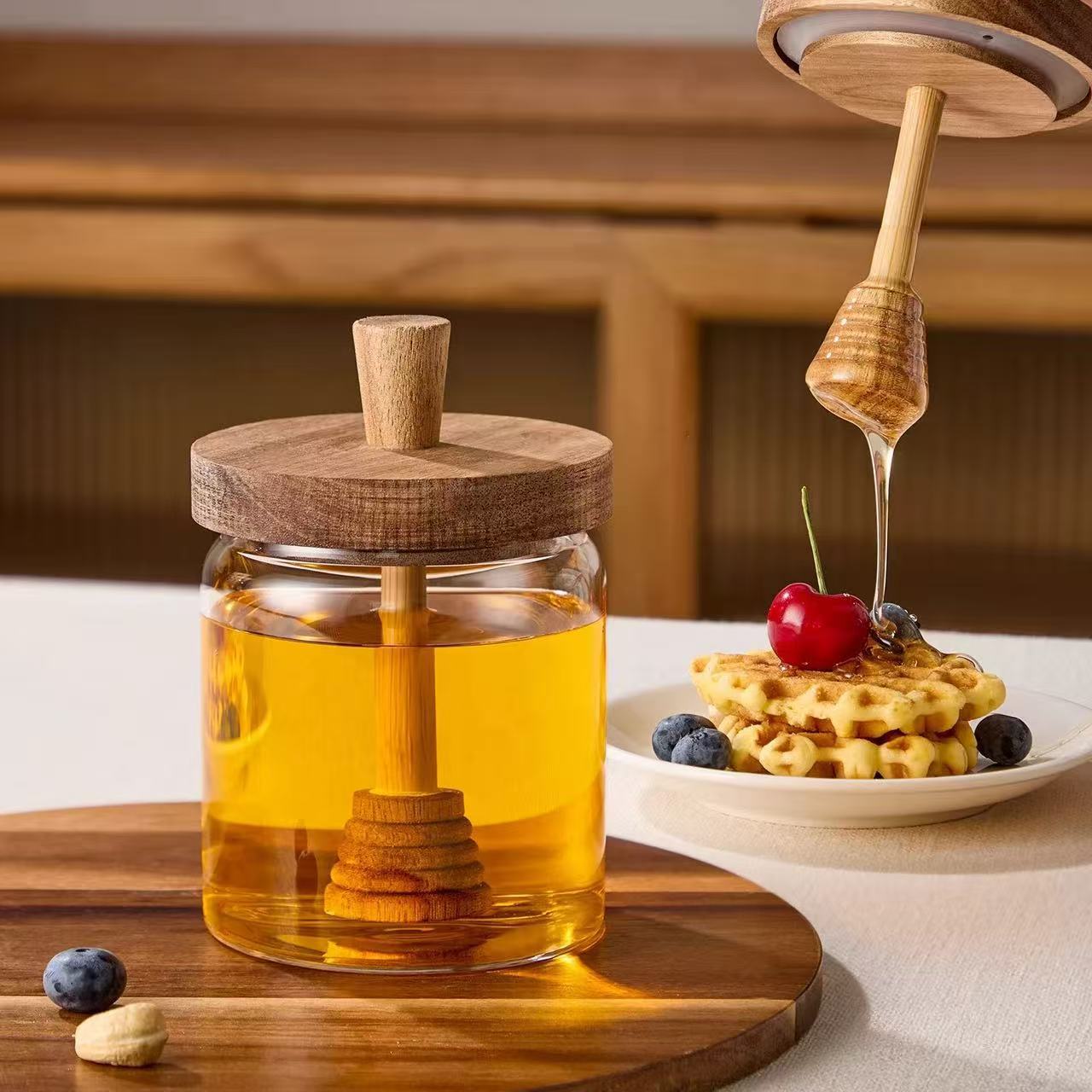 tapa de madera simple alta borosilicona vidrio miel de madera sólida con barra de agitación mermelada frasco de almacenamiento de alimentos