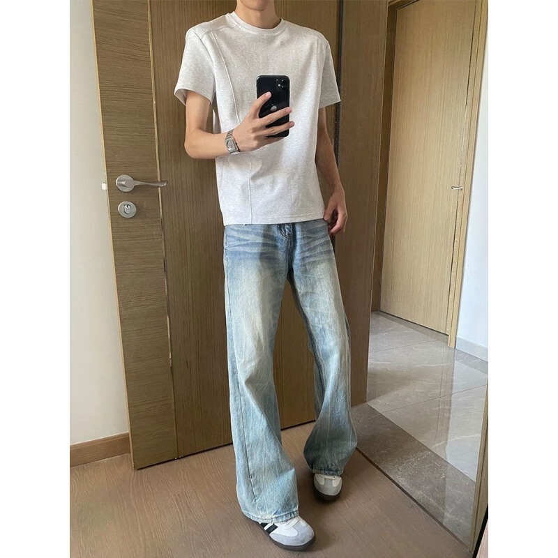 Light Blue Flared Jeans for Men, Spring American High Street Casual Pants, Simple Versatile Slim-Fit Whiskered Straight-Leg Pants Light Blue Flared Jeans for Men, Spring American High Street Casual Pants, Simple Versatile Slim-Fit Whiskered Straight-Leg Pants