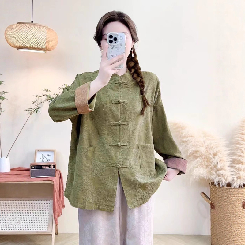 2025 Autumn New Jacket Top Large Size Women's Linen Cardigan High-End Retro National Style Button Stand Collar Jacket