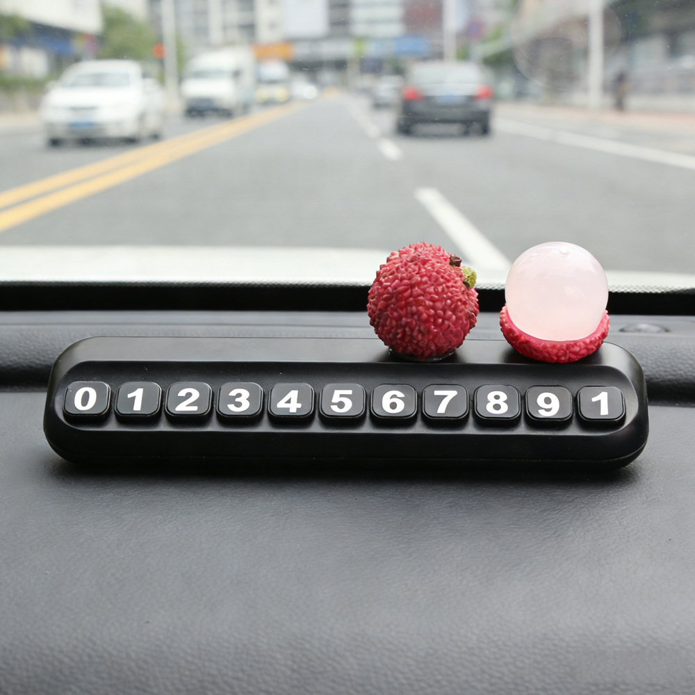 Tarjeta telefónica de movimiento de automóviles, tarjeta de estacionamiento temporal de frutas de litchi, adornos creativos de automóviles