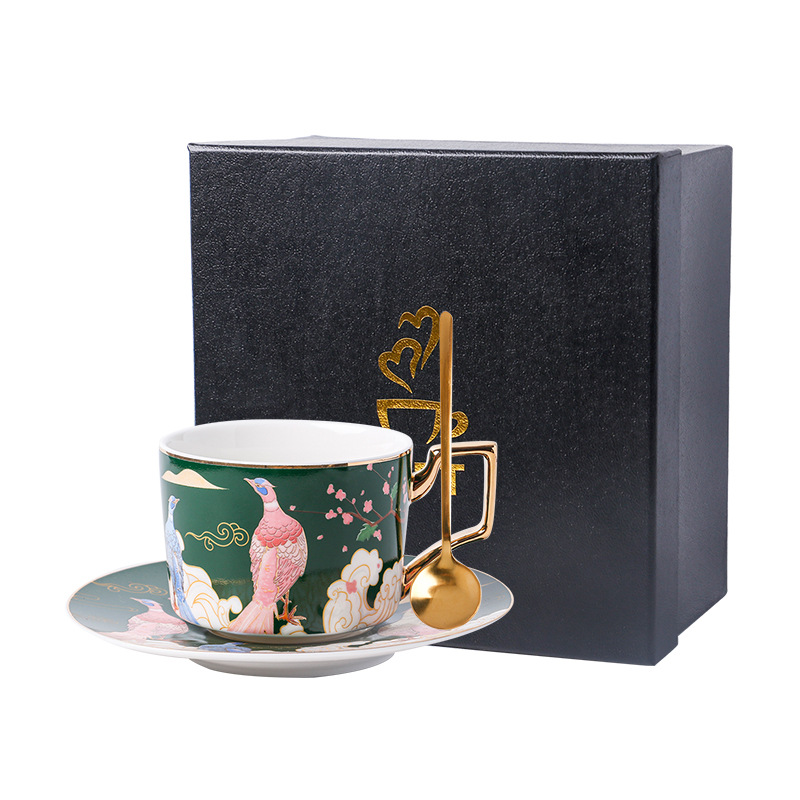 Caja de regalo-Verde-Pavo real taza y platillo cuchara