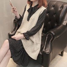 新款韩版宽松显瘦百搭春秋两件套针织毛衣马甲女中长款雪纺连衣裙