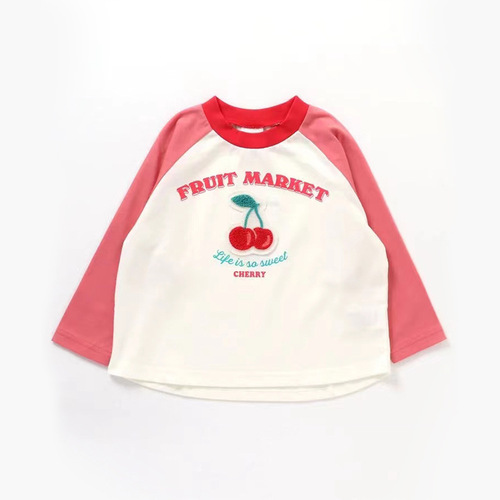  Fall Children's Embroidered Hamburger Panda Pattern Drop Shoulder Round Neck Long Sleeve T-Shirt