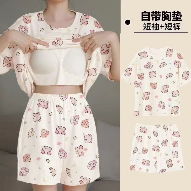 Pijama de mujer 2025 nuevo tamaño grande de verano con cojín de pecho de manga corta pantalones cortos impresos ropa casera delgada