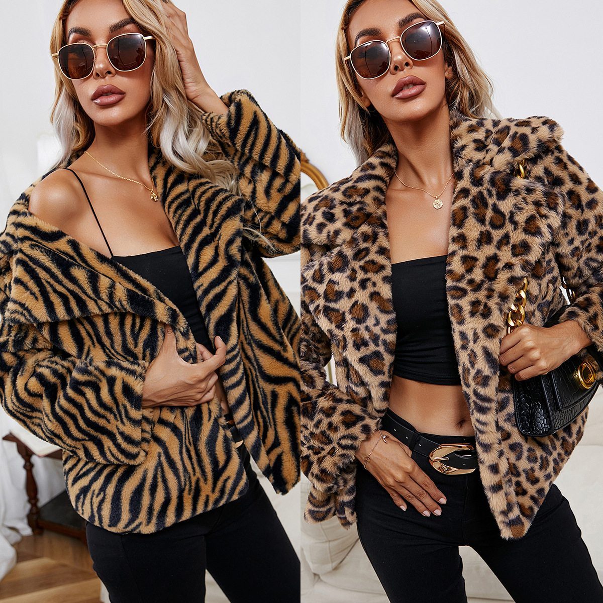 Women's Clothing leopard zebra print lapel plush loose slim leather jacket for women_voghion.com