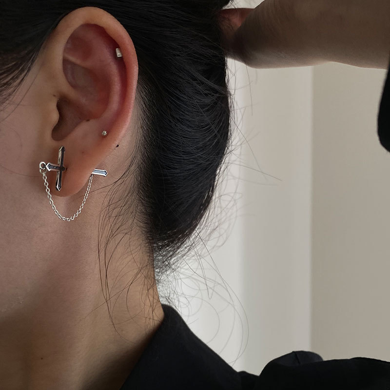 单只出售通体s925纯银十字复古暗黑做旧链条后挂式耳钉耳环E171-J|ru