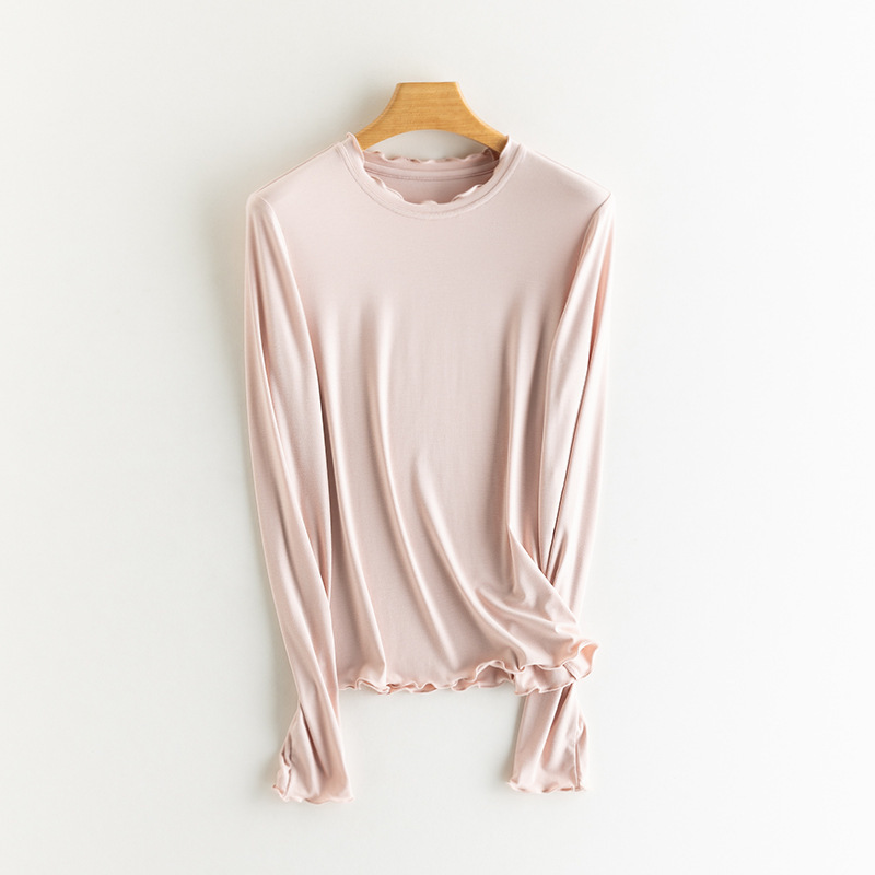 Women's Pure Color Silk Base Layer Shirt with Lace Trim for Early Autumn