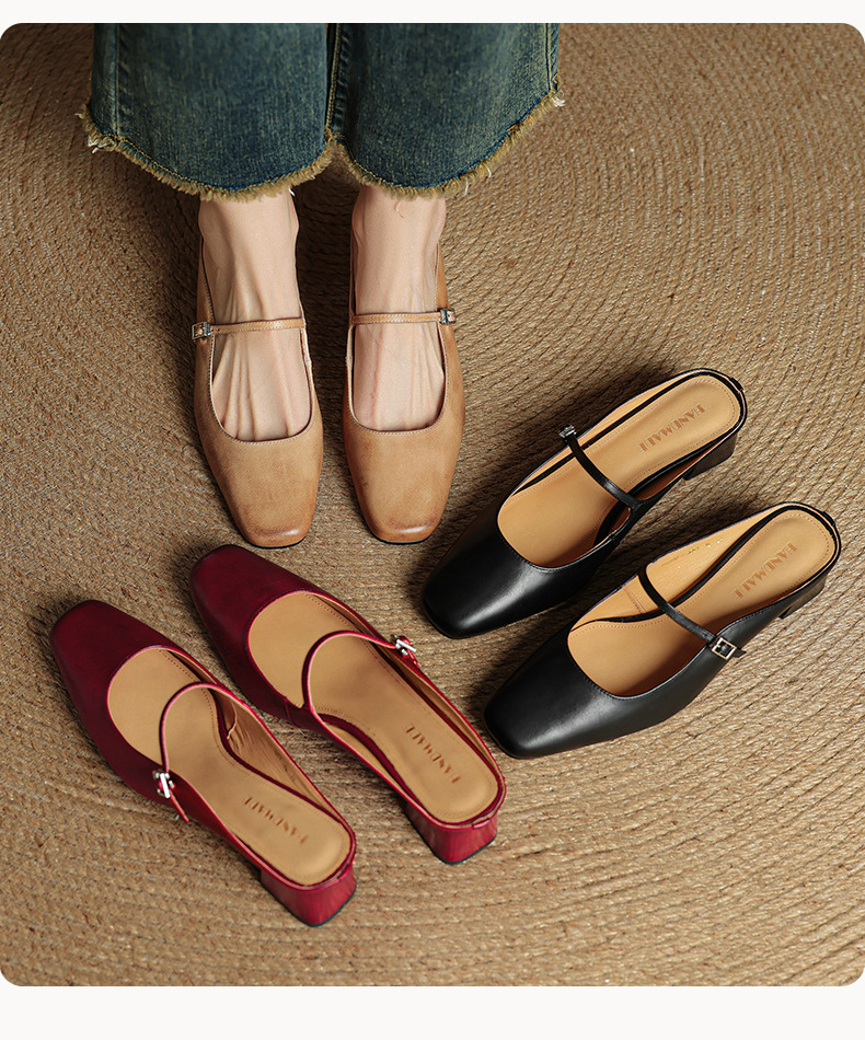 Sandal nữ quai ngang mũi vuông gót 4.5 cm da bò bít mũi hở gót — đen chi tiết 1