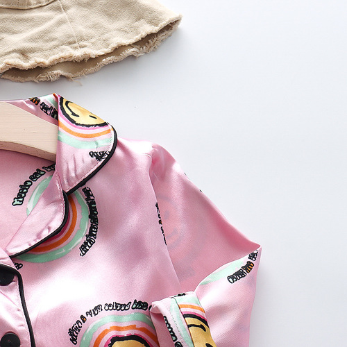 CA37 Long-sleeved Long Pants Children's Homecoming Set 0-4 Years Old Girls Air Conditioning Clothes Children's Single Button Silk Smooth Set