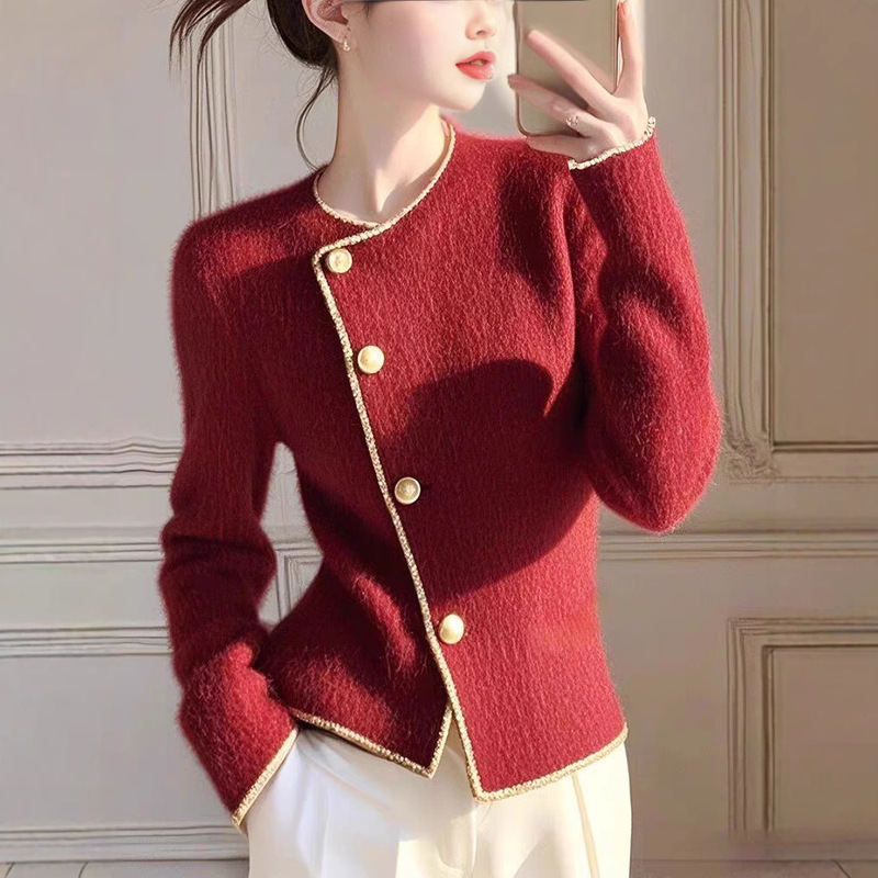 Chanel Style wine red Thickened Sweater Jacket for Outer Wear Winter Chic Christmas Women's Inner Base Knitted Cardigan Chanel Style wine red Thickened Sweater Jacket for Outer Wear Winter Chic Christmas Women's Inner Base Knitted Cardigan