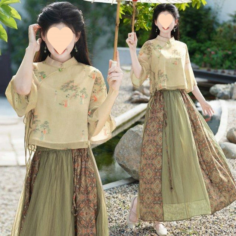 Летний комплект Hanfu в новом китайском стиле, восточный классический национальный стиль, жаккардовый топ с асимметричным воротником на пуговицах и юбкой.