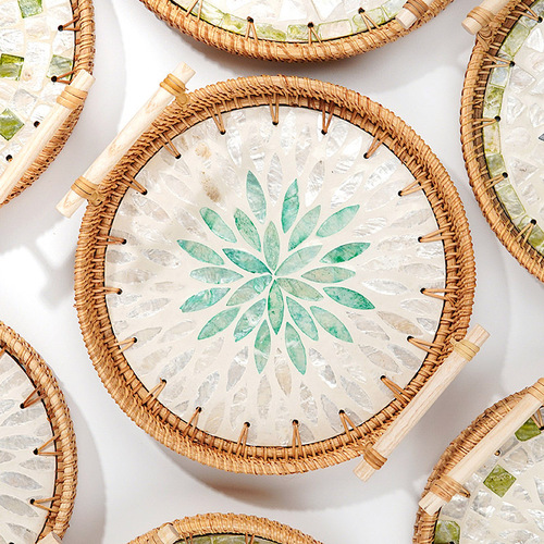 Rattan shell tray, natural sea shell splicing, creative binaural tray, snack fruit and vegetable afternoon tea snack basket