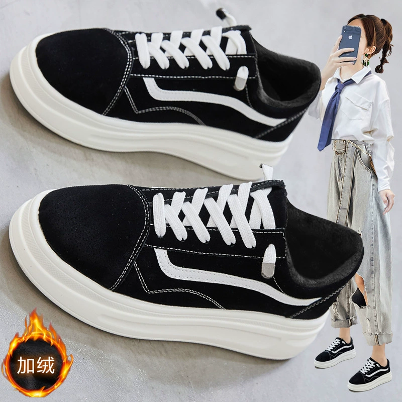 Женские туфли на толстой подошве, увеличенные маленькие размеры 31323334, зимние жареные уличные Джокеры, повседневные ботинки для маффинов, хлопковые туфли на флисовой подкладке