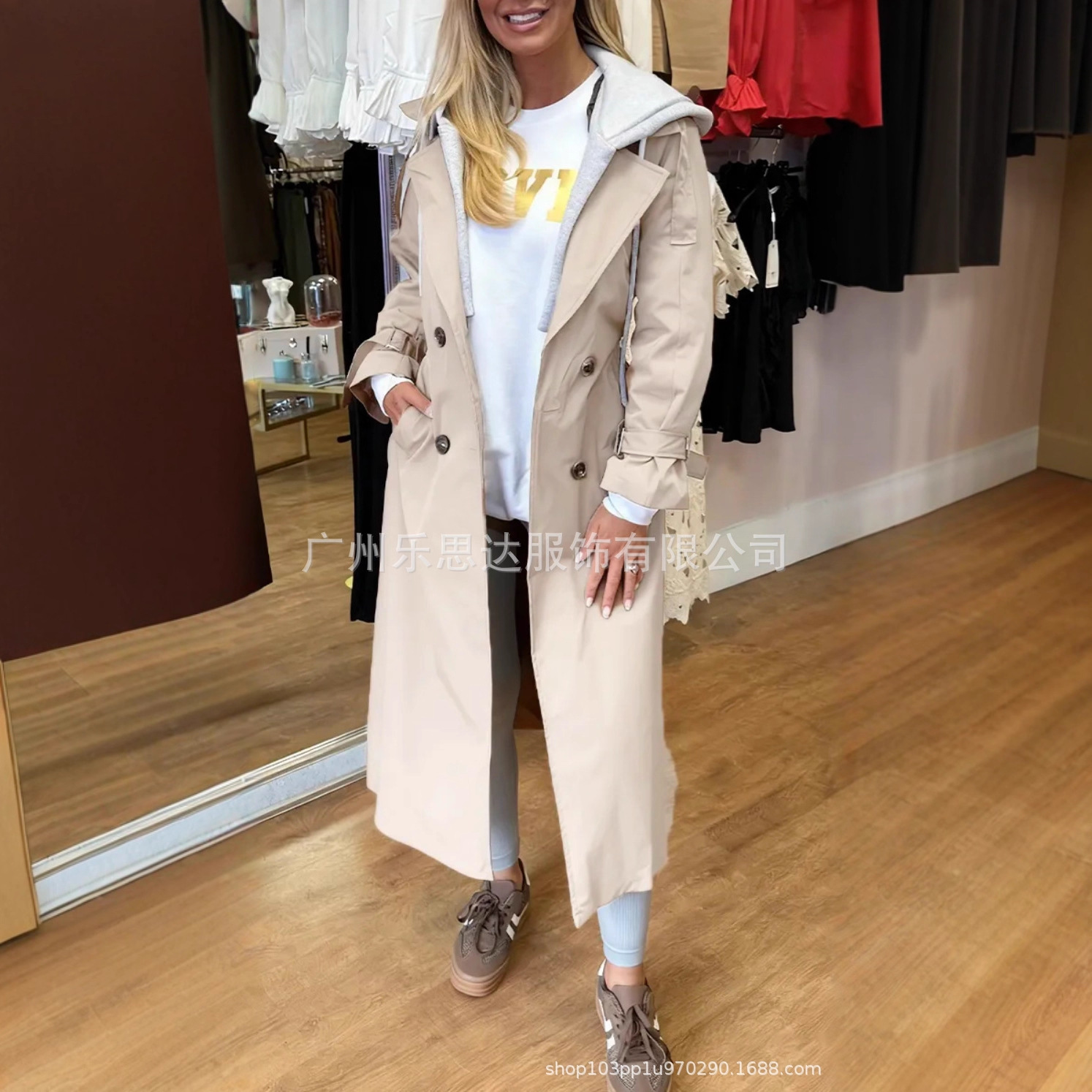 2025 Autumn Amazon Independent Station European and American Cross-Border Women's Clothing Hooded Lapel Fake Two-Piece Casual Long Windbreaker