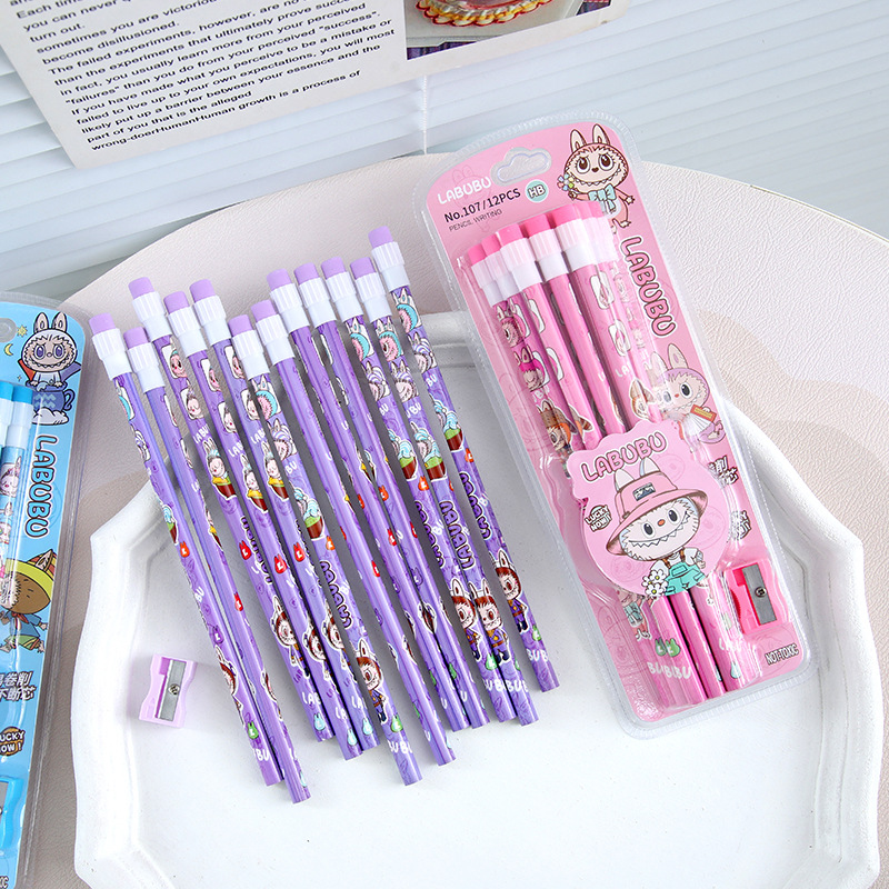 dibujos animados Lab HB lápiz de escritura de estudiantes de primaria 12 rodas con cuchillo de lápiz de alto valor de aprendizaje papelería al por mayor