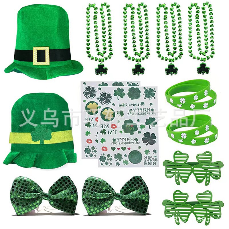 In stock Irish Beard Hat suit St. Patrick's Day glasses Clover glasses tattoo bead chain In stock Irish Beard Hat suit St. Patrick's Day glasses Clover glasses tattoo bead chain