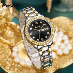 POSHI新款男士時尚商務石英表 潮流鑲鑽不鏽鋼錶帶日期防水女手錶