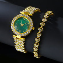 爆款时尚绿罗马数字手表简约满天星镶钻石英表手链套装厂家直销