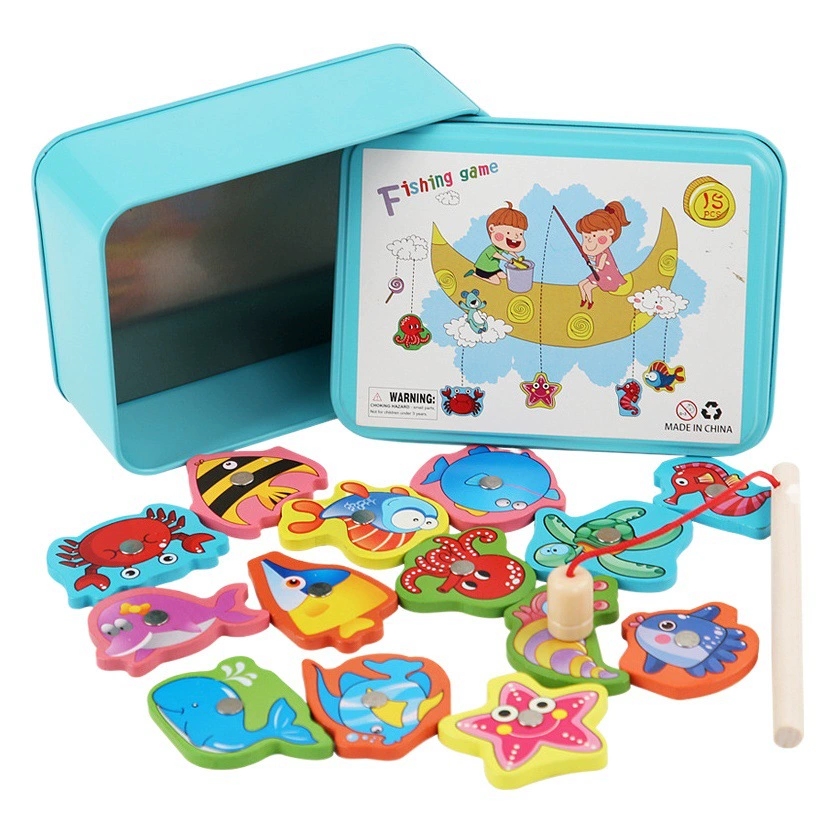 Магнитная рыболовная железная коробка с котенком и океаном, деревянная игрушка для малышей, удочка для раннего образования, настольная игра для родителей и детей