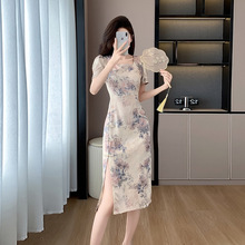 新中式名媛时尚气质减龄方领泡泡袖包臀开叉连衣裙洋气少女小礼服