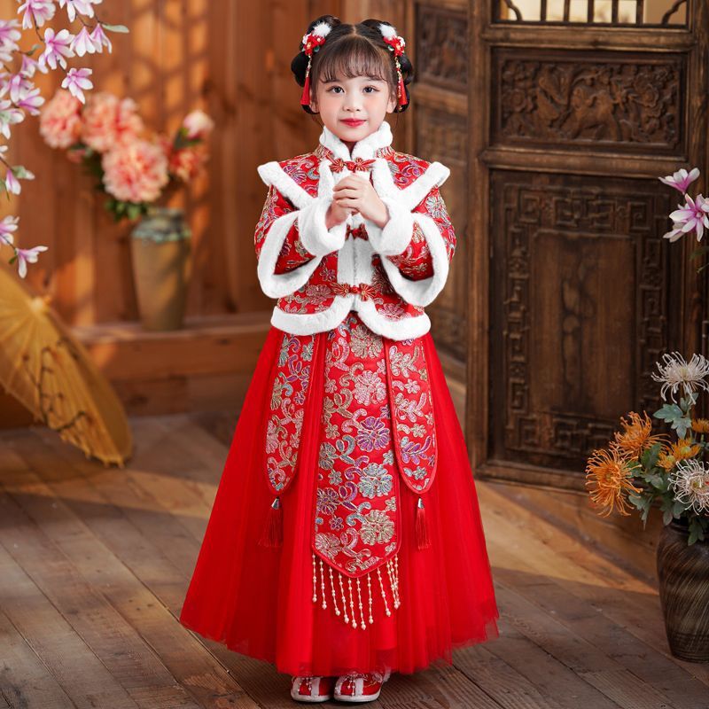 Girls' Chinese style winter Hanfu, plush and thickened New Year's greetings qipao cheongsam dress for girls new ancient dress, New Year's festive New Year's clothing