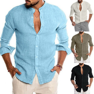 2025 Amazon Ebay Aliexpress Popular Autumn and Winter V Neck Linen New Cardigan Stand Collar Long-Sleeved Men's Shirt