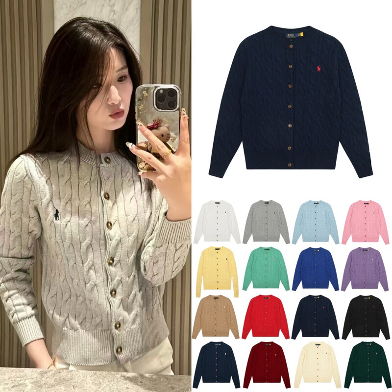 Scannable Qr Code Autumn and Winter Ralph Lauren Logo Braided Embroidery Round Neck Simple Knit Cardigan Sweater Women's Outerwear