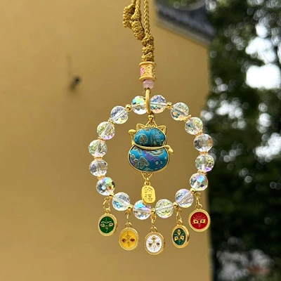 Lingyin's new lucky bag with Song brocade, Five Road God of Wealth car pendant, colorful crystal peace lock bag pendant, and Chinese style accessories