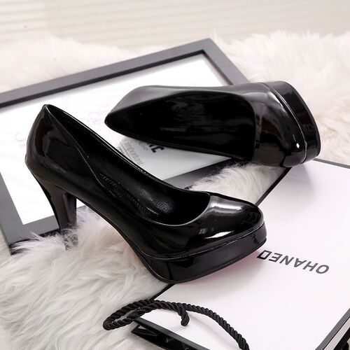 10CM high-heeled shoes waterproof table cosplay all-purpose black leather shoes Korean round head women's patent leather work shoes