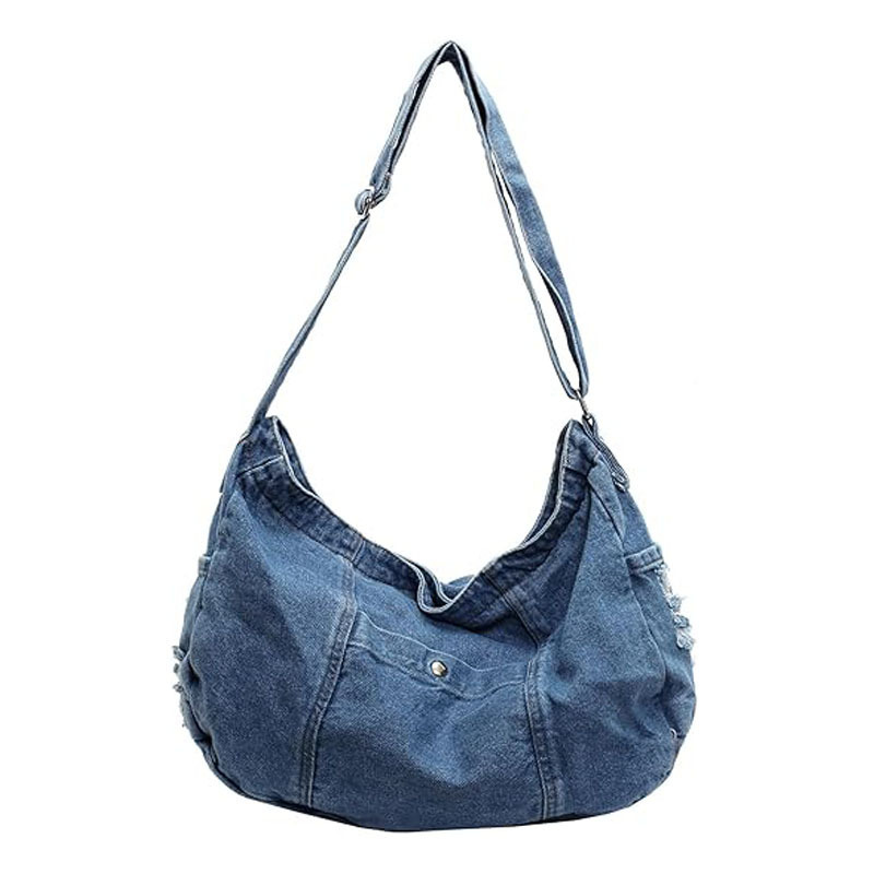 Women Denim Shoulder Bag with Zipper Canvas Tote Large Casual Tramp Tote Denim